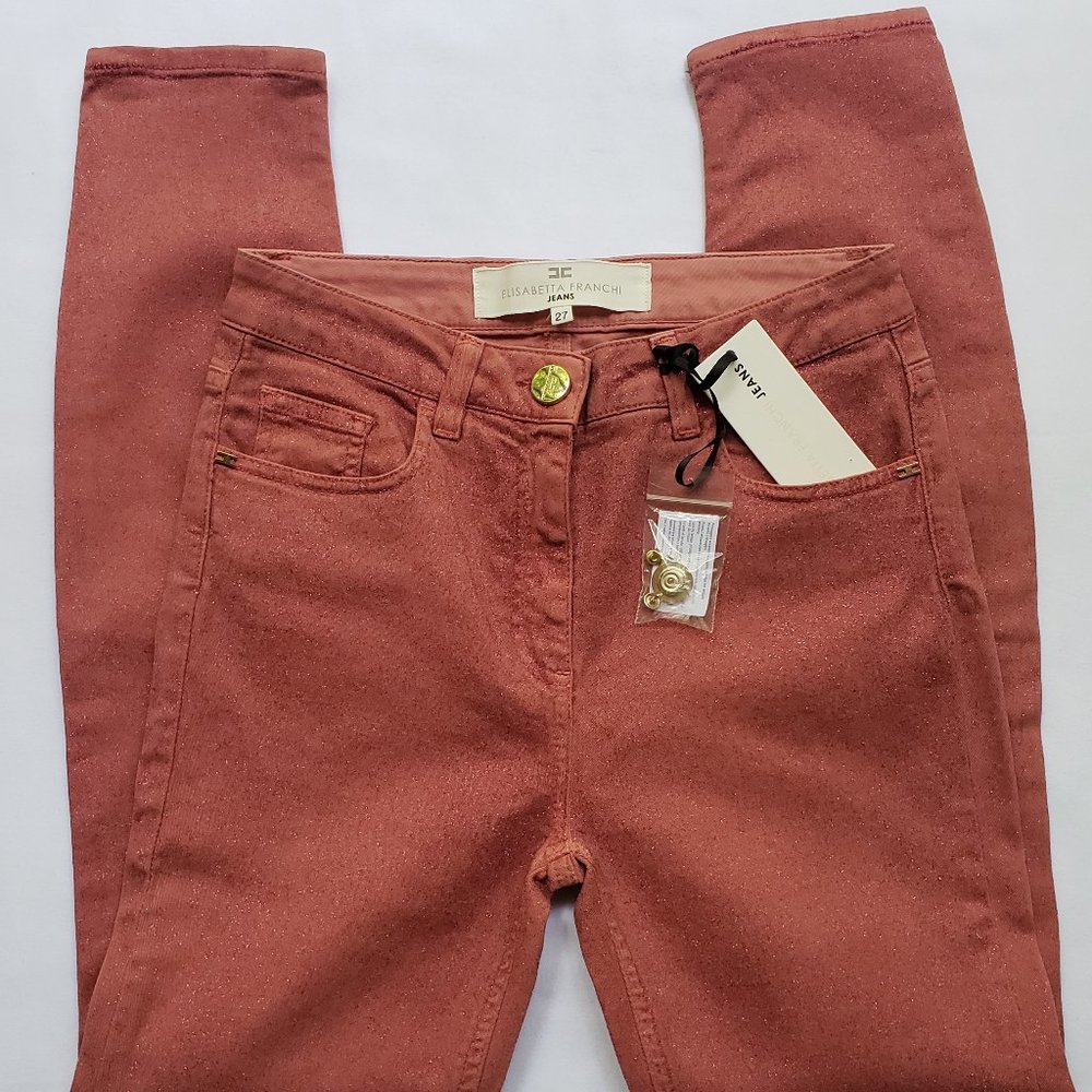 ELISABETTA FRANCHI JEANS Rose Pink Denim Jeans Size 27 Italian Brand New NWT